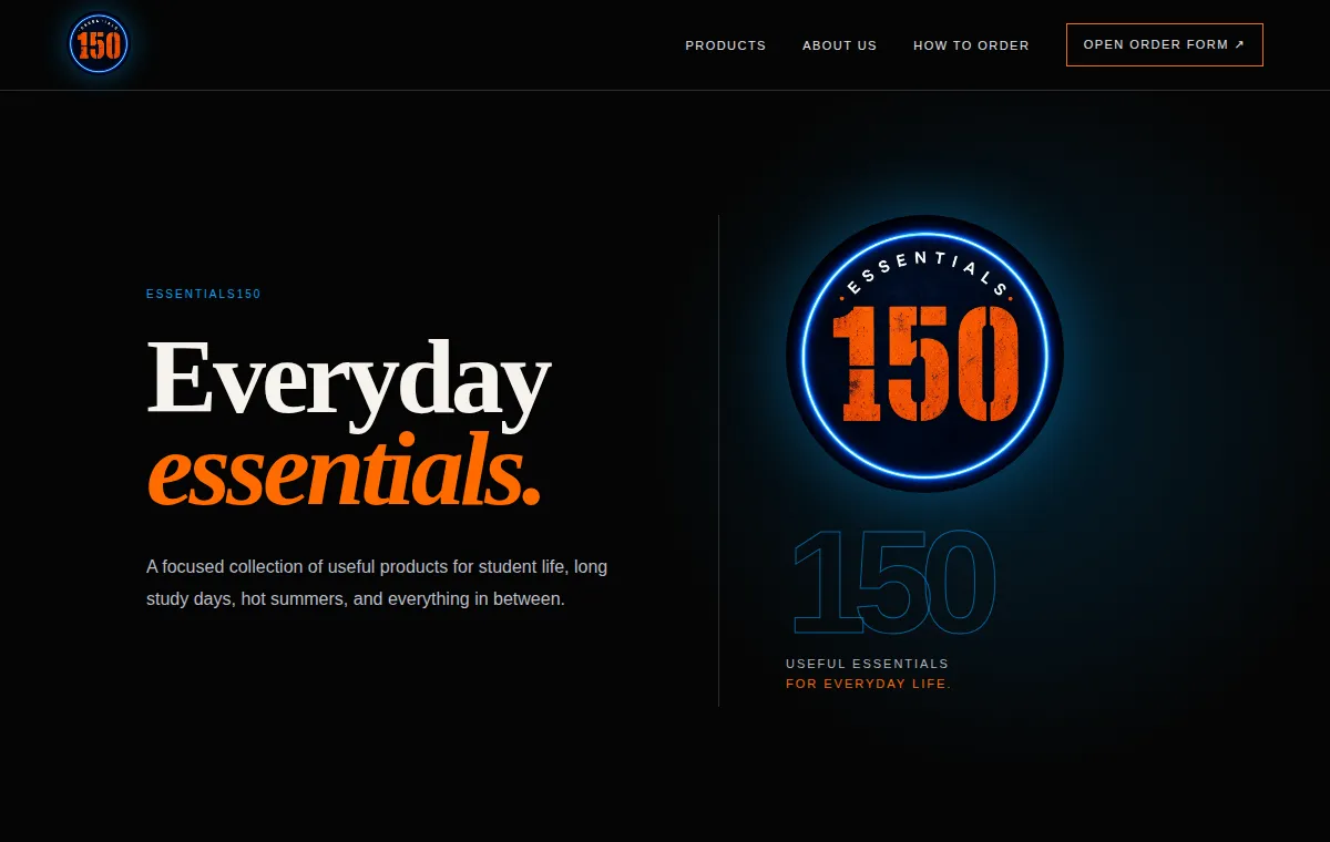 Essentials150 online product store homepage